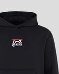 Black Haas Team hoodie close up showing racing car graphic and branding on left chest and upper back