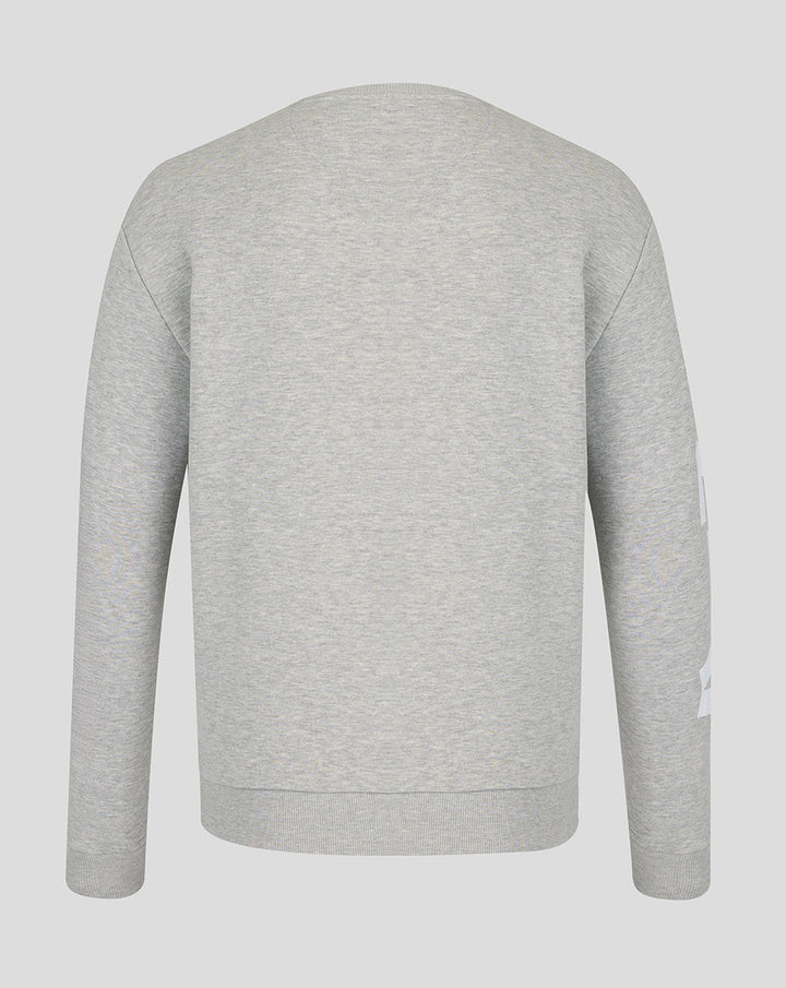 Back view of grey marl Haas Team graphic sweater with relaxed fit and ribbed hem