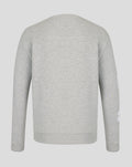 Back view of grey marl Haas Team graphic sweater with relaxed fit and ribbed hem
