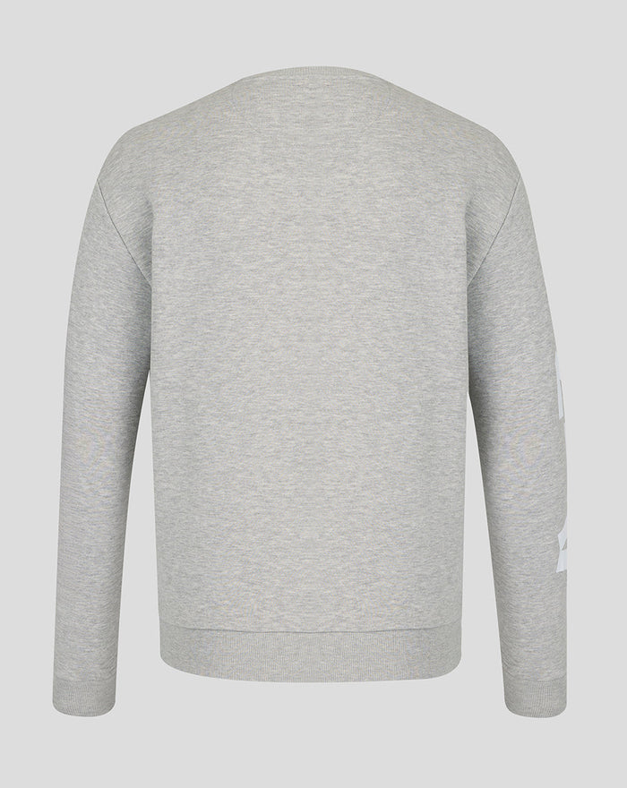 Back view of grey marl Haas Team graphic sweater with relaxed fit and ribbed hem