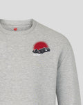 Grey marl Haas Team unisex graphic sweater with a racing car graphic and red sun on the left chest and kanji on the right sleeve