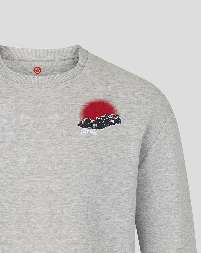 Grey marl Haas Team unisex graphic sweater with a racing car graphic and red sun on the left chest and kanji on the right sleeve