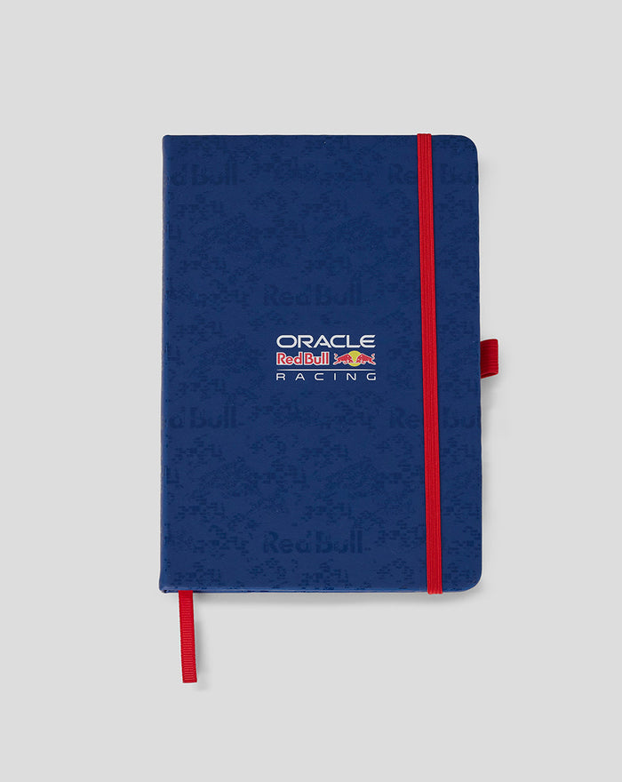 Blue Oracle Red Bull Racing notebook with red elastic closure and logo on the cover