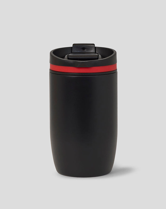 Black Haas Team Travel Coffee Cup with red accent ring and center branding