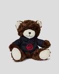 Brown plush bear wearing a navy Haas hoodie with red logo on the chest