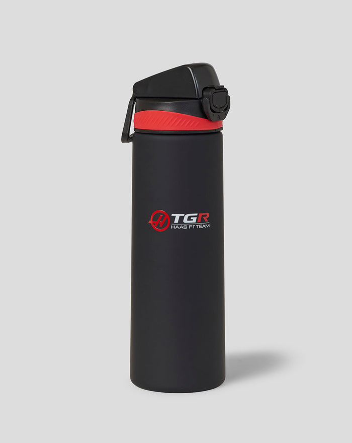 Official Haas Team 750ml water bottle in black with a red accent ring and central branding