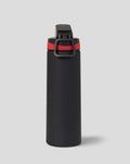 Back view of the black Haas Team water bottle with red ring and top latch