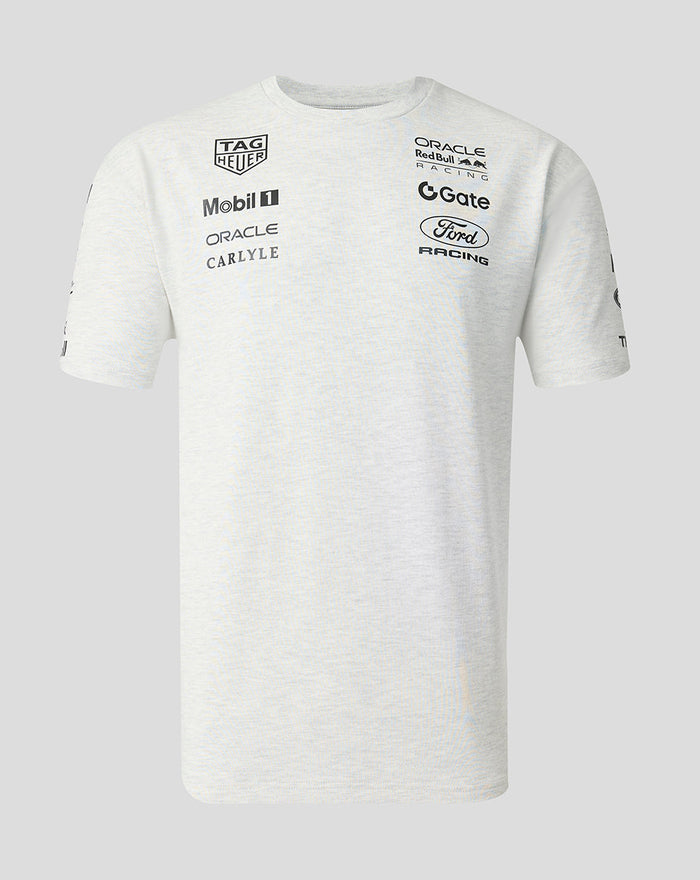 Off white marl unisex short sleeve T shirt with Oracle Red Bull Racing sponsor logos on the chest