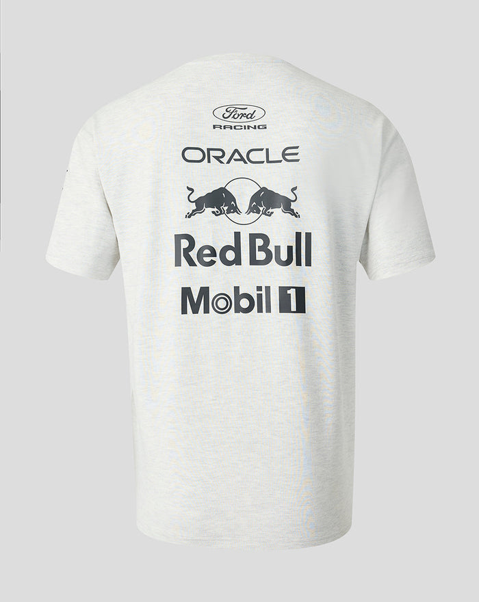 Back view of the off white marl unisex T shirt with large Red Bull Oracle Mobil 1 logos