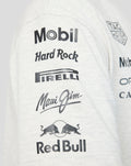 Close up of the sleeve showing Mobil Hard Rock Pirelli Maui Jim and Red Bull logos on a light heather T shirt