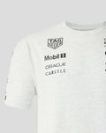 Chest area of white heather T shirt featuring Tag Heuer Mobil 1 Oracle and Carlyle logos