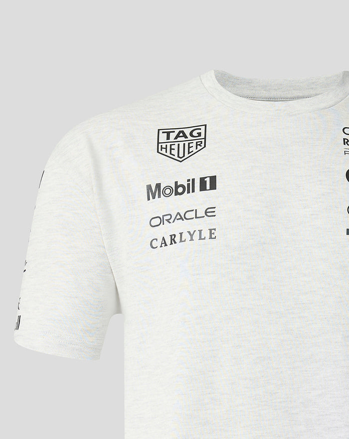 Chest area of white heather T shirt featuring Tag Heuer Mobil 1 Oracle and Carlyle logos