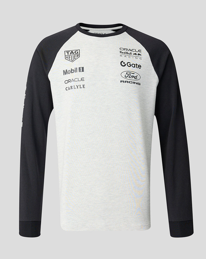 Off white marl raglan long sleeve Oracle Red Bull Racing T shirt with dark sleeves and front sponsor logos.