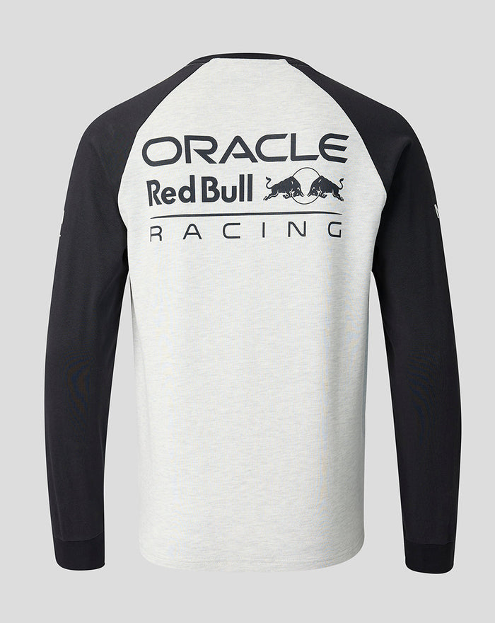 Back view of the Oracle Red Bull Racing unisex off white marl raglan long sleeve shirt with a large logo on the back.