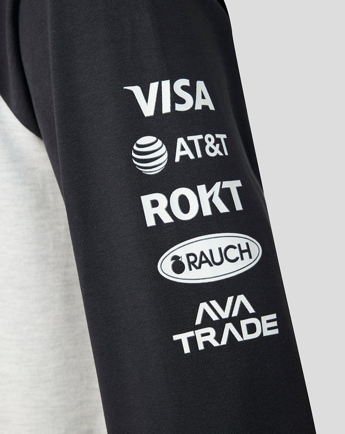 Close up of a black sleeve featuring sponsor logos including VISA AT&T ROKT RAUCH and AVA TRADE.