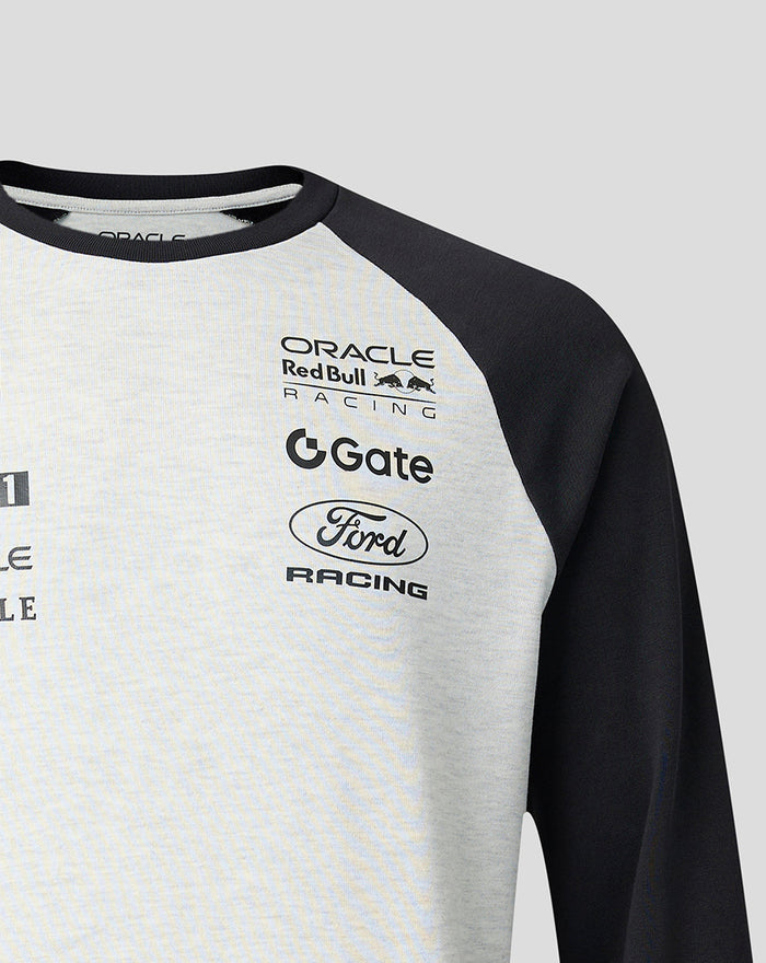 Left chest Oracle Red Bull Racing logo with Ford Racing and O Gate sponsor marks on light raglan tee