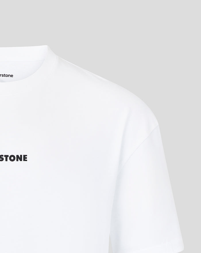 Shoulder and chest crop of the white heritage tee with partial SILVERSTONE branding on the chest.