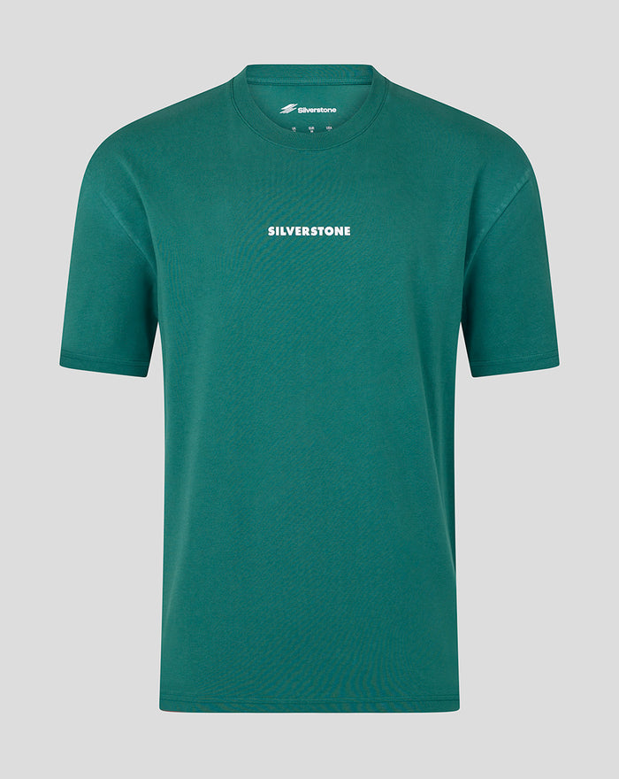 Green heritage short sleeve t shirt with SILVERSTONE branding on chest and upper back.