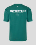 Back view of green heritage short sleeve t shirt featuring large SILVERSTONE logo across the back.