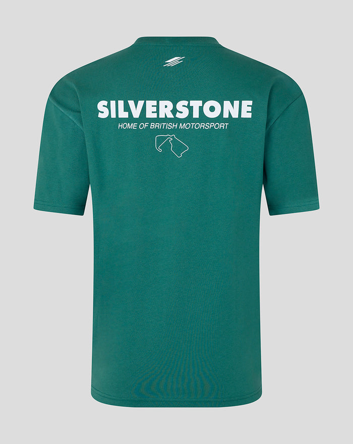 Back view of green heritage short sleeve t shirt featuring large SILVERSTONE logo across the back.