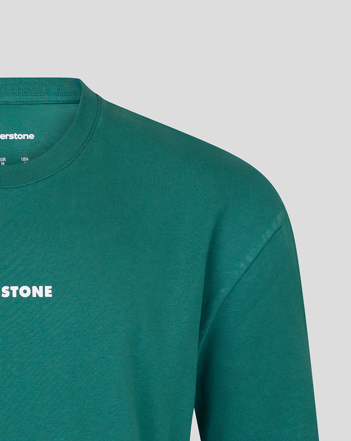 Green Silverstone Heritage Short Sleeve T Shirt close up of shoulder and chest area showing branding