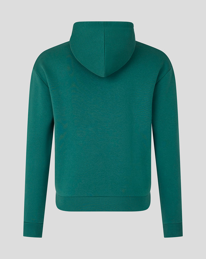 Back view of green Silverstone hoodie with an attached hood and plain back