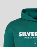 Close up of green hoodie hood and chest area with partial Silverstone branding