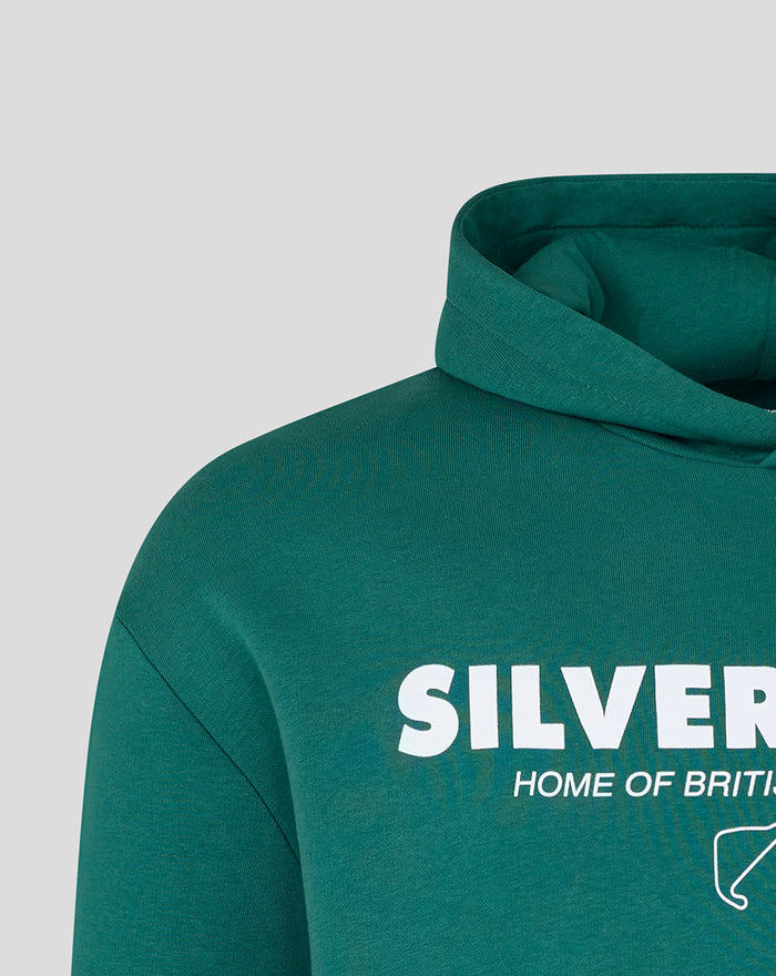 Close up of green hoodie hood and chest area with partial Silverstone branding