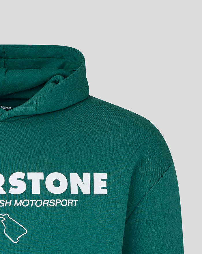 Front view of green hoodie showing bold SILVERSTONE branding across the chest