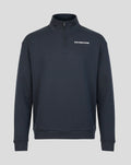 Front view of dark navy heritage quarter zip sweater with Silverstone logo on left chest