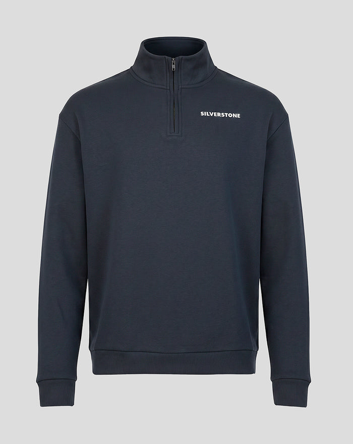 Front view of dark navy heritage quarter zip sweater with Silverstone logo on left chest