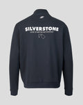 Back view of dark navy heritage quarter zip sweater with large Silverstone branding across upper back