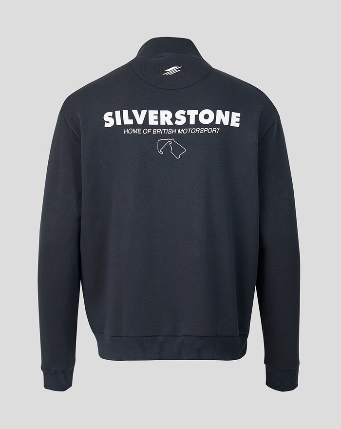Back view of dark navy heritage quarter zip sweater with large Silverstone branding across upper back