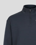 Close up of zip neckline on dark navy heritage quarter zip sweater showing a high mock neck and front zipper