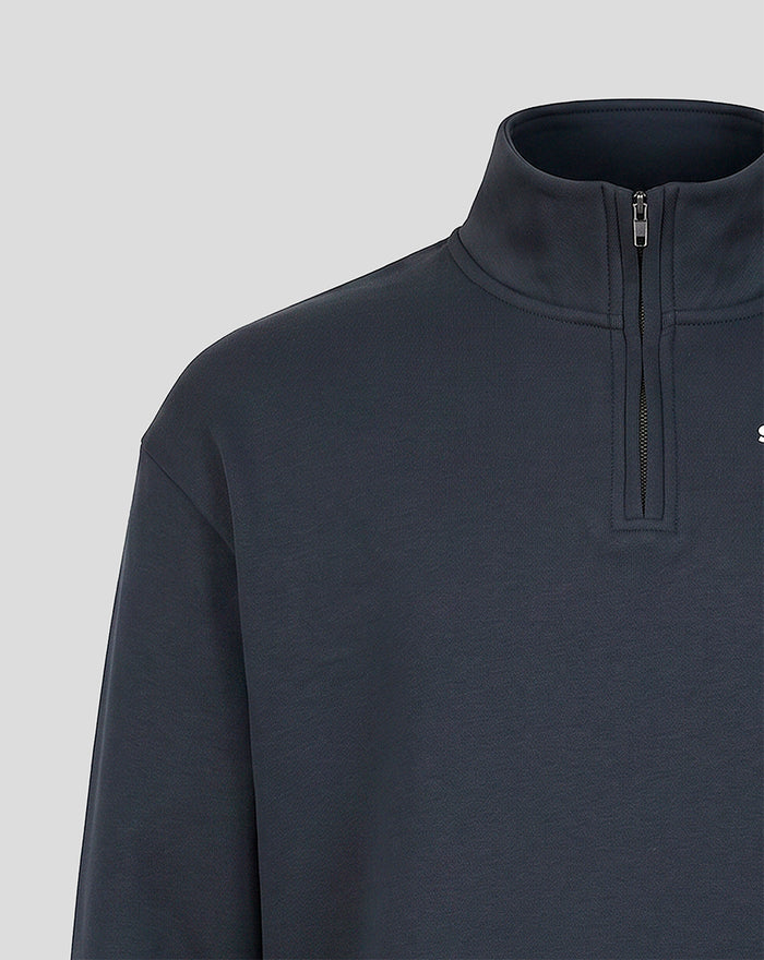 Close up of zip neckline on dark navy heritage quarter zip sweater showing a high mock neck and front zipper