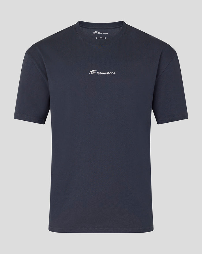 Front view of dark navy Silverstone British Injection T Shirt with small chest Silverstone logo