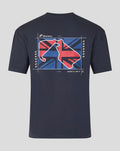 Back view of navy T shirt with Union Jack inspired circuit graphic across the upper back