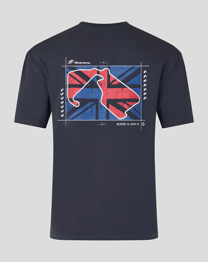 Back view of navy T shirt with Union Jack inspired circuit graphic across the upper back