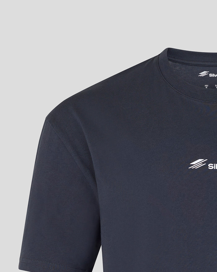 Back detail of navy T shirt showing bold Union Jack circuit graphic