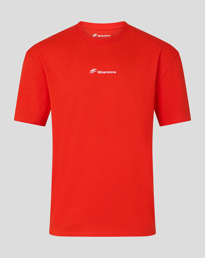 Bright red Silverstone T shirt with small white chest logo and a Union Jack circuit graphic on the back