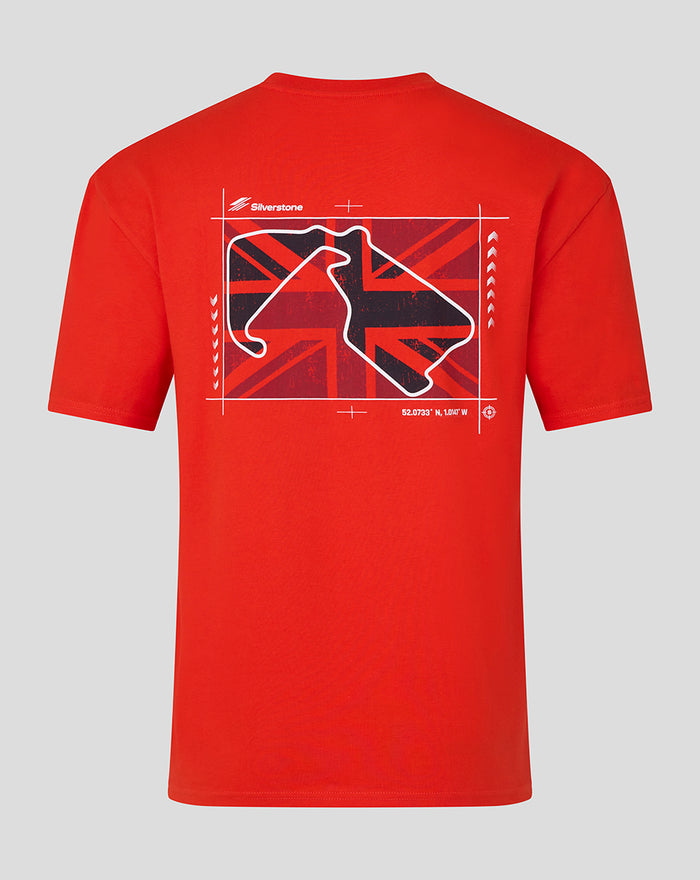 Red Silverstone T shirt with Union Jack circuit graphic on the back and a small chest logo