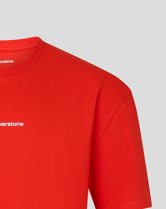 Detail of the red shirt front with a white Silverstone logo centered below the collar