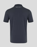 Back view of navy polo with coordinates printed across the upper back