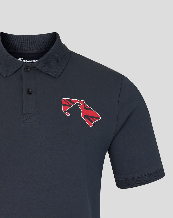 Dark navy polo with rib collar; Union Jack graphic left chest and Silverstone coordinates with logo at upper chest