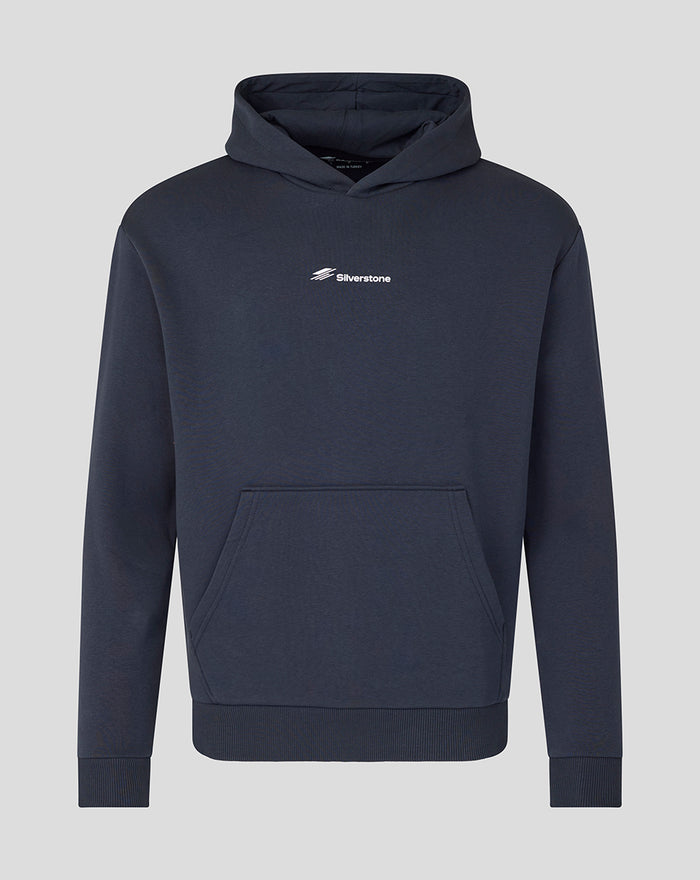 Dark navy Silverstone hoodie with chest logo hood front pocket and large back Union Jack circuit graphic