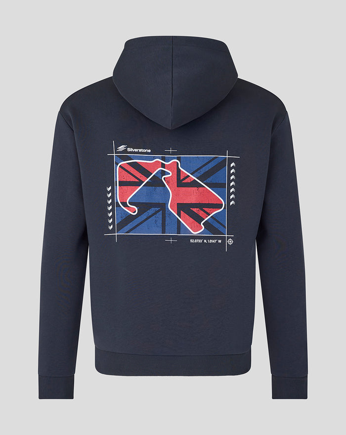 Back view of dark navy hoodie with Union Jack circuit graphic on the back and Silverstone logo at the center chest