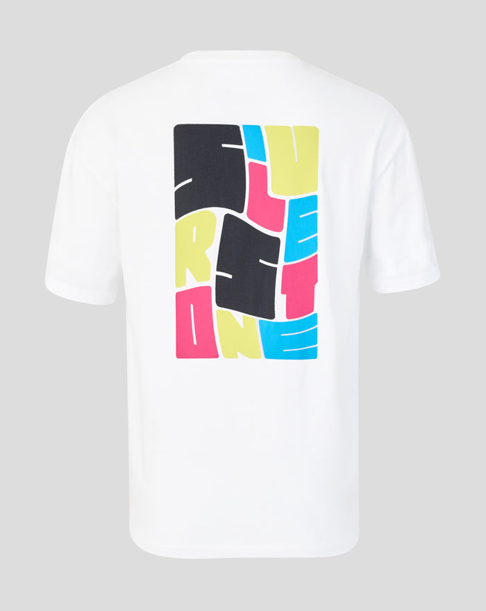 White Silverstone Festival Brights T shirt viewed from back with a large multicolored graphic.