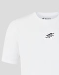 Close up of white T shirt front showing subtle Silverstone logo at center chest.
