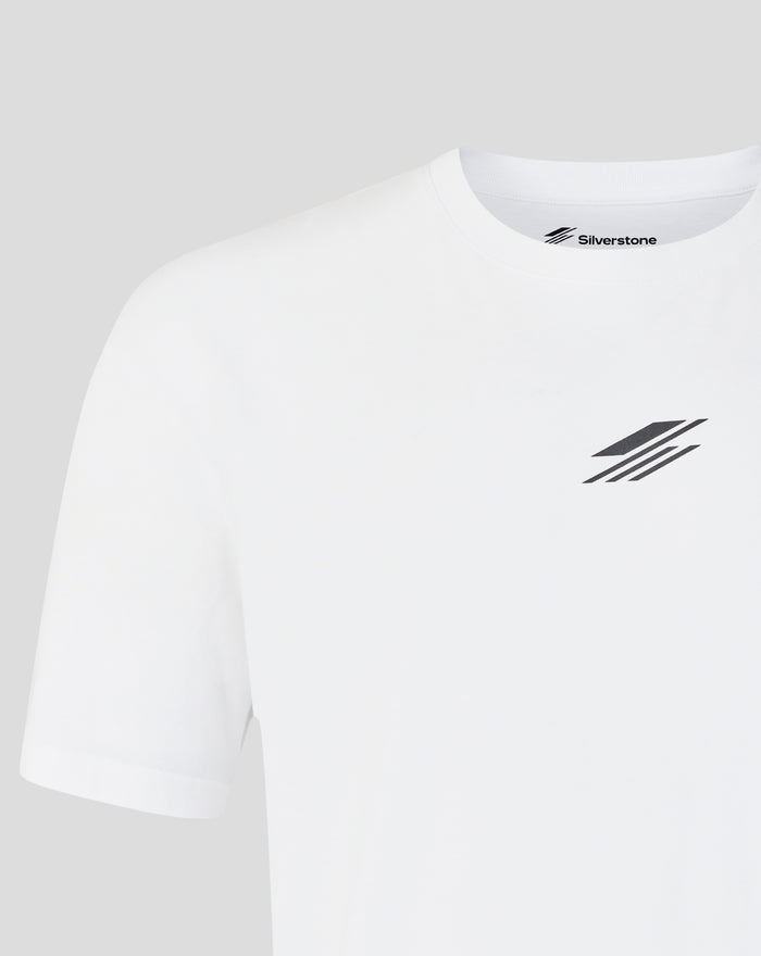 Close up of white T shirt front showing subtle Silverstone logo at center chest.