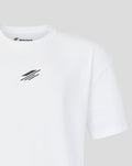 Close up of white T shirt neckline with Silverstone logo inside collar and a bold diagonal graphic across the chest.
